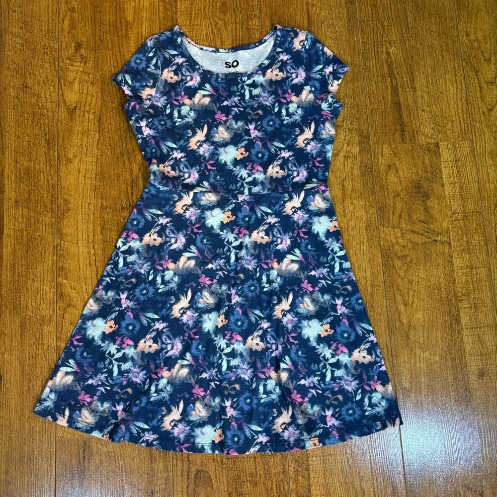 SO Girl’s Skater Dress Play Size L 10 12 Blue Floral & Solid Coral Cotton Blend